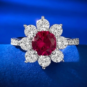 Bague Fleur en Argent Sterling 925 de Luxe Avec Strass Rouges Incrustés Tournesol Bijoux Géométriques pour Femme Mariage