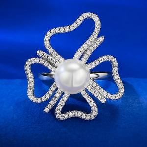 Bague en Argent Sterling 925 avec Künstliche Perle Naturelle Élégante Zircone Incrustée Nœud Papillon Bijoux de Mode pour Femme Bureau Cadeau