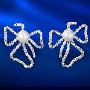 Bow Knot Artificial Pearl Stud Earrings With 925 Sterling Silver Post Inlaid Zirconia Elegant Women Jewelry Accessories For Everyday Wear