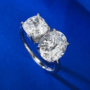 Macro de anillo de plata S925 con diamantes simulados de corte cojín y óvalo