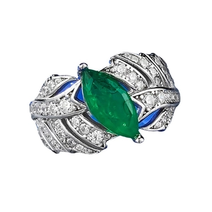Exquisite S925 silver leaf ring with marquise emerald and sparkling diamond accents