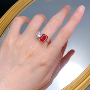 S925 silver ring featuring 8x10mm rectangular pigeon blood red stone and round CZ