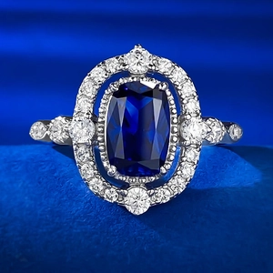 Vintage 925 Sterling Silver Ring For Women Luxury Large Blue Gemstone Rhinestone Halo Finger Ring Anniversary Party Fashion Jewelry Gift
