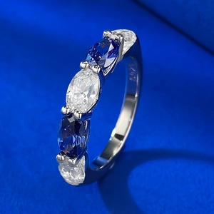Bague en argent S925 avec pierres ovales bleu tanzanite et blanches alternées