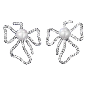 925 silver bow stud earrings with 6mm pearls and cubic zirconia in a symmetrical view