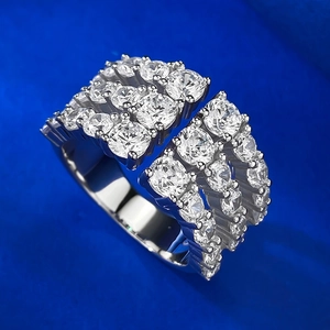 Luxurious multi-row pave setting silver ring with sparkling round cubic zirconia stones