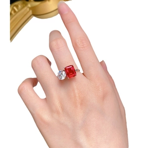 S925 silver Toi et Moi ring with emerald cut ruby and round diamond on hand