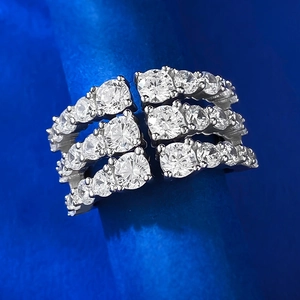 Luxury 925 sterling silver adjustable open ring with triple row of pave-set cubic zirconia