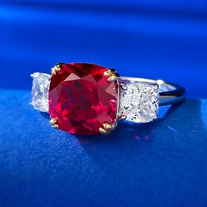 S925 silver three-stone ring with cushion-cut red ruby and brilliant side diamonds