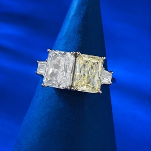 Anillo de plata S925 con diamantes simulados blancos y amarillos de corte radiante