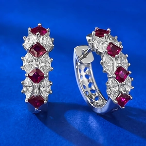 S925 Sterling Silver Red Rhinestone Hoop Earrings For Women Vintage Luxurious Geometric Hollow Heart Pattern Jewelry Gift