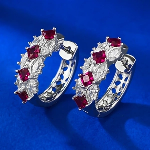 S925 silver hoop earrings with alternating square red rubies and white marquise zircons