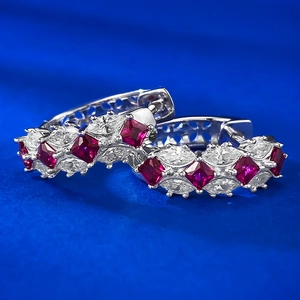 Elegant S925 silver hoop earrings with ruby red and white cubic zirconia stones
