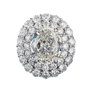 Oval cut carbon diamond ring with double halo pavé setting in silver finish