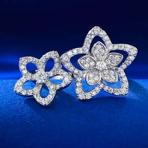 S925 Sterling Silver Double Flower Open Ring For Women Elegant Pave Rhinestone Adjustable Finger Ring Floral Hollow Out Jewelry