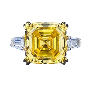 Luxury 925 silver ring featuring 12mm Asscher cut yellow diamond and side stones