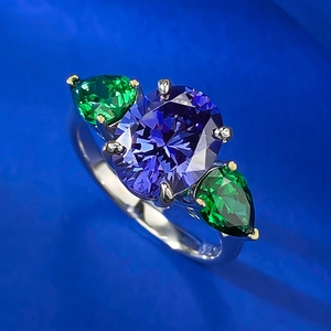 Three-stone S925 sterling silver ring with oval tanzanite blue and green pear-shaped stones