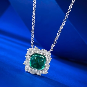 Vintage green square gemstone necklace with halo diamond setting on silver O-chain