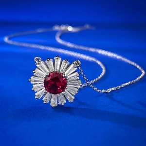 S925 silver sunflower pendant necklace with red pigeon blood ruby gemstone
