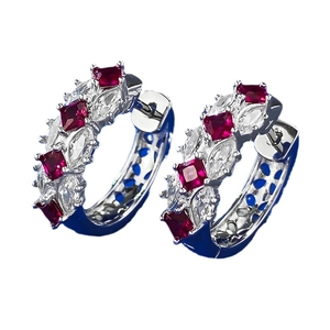 S925 silver hoop earrings with blood red square gemstones and white marquise zircons