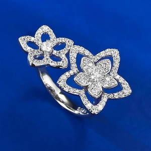 Elegant S925 sterling silver ring with double open hollow flower design and zircon pavé