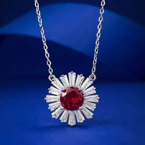 925 Sterling Silver Pendant Necklace Sunflower Red Rhinestone Elegant Fashion Jewelry For Women Everyday Gift High Quality