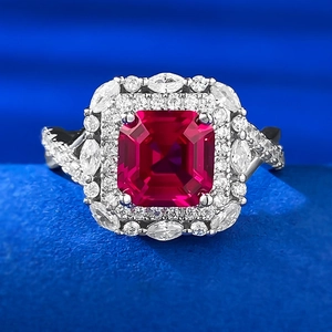 925 Sterling Silver Emerald Cut Red Rhinestone Ring For Women European Luxury Geometric Inlaid Wedding Banquet Finger Jewelry