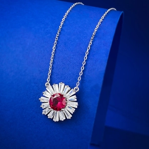 S925 silver sunflower necklace with ruby red gemstone and sparkling zircon petals