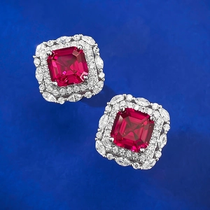 S925 silver stud earrings with square pigeon blood red gemstone and zircon halo