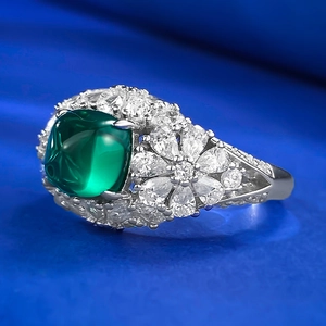 Luxurious S925 silver ring featuring 6.5mm emerald sugarloaf cabochon and diamond cluster