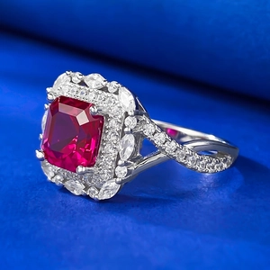 Luxurious S925 silver ring with large rectangular ruby and double diamond halo setting