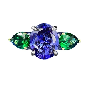 S925 silver ring with oval tanzanite blue stone and pear-shaped green side gems