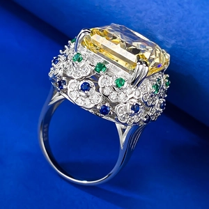 Macro shot of S925 sterling silver stamp and 15ct yellow radiant cut cocktail ring