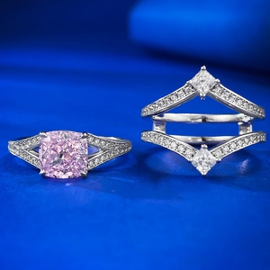 925 silver crown ring set with cushion cut pink stone and criss-cross pave band