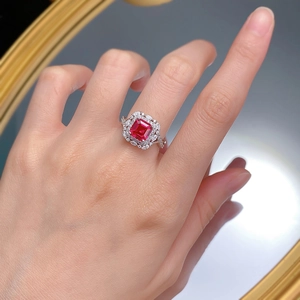 Luxurious S925 silver ring with rectangular pigeon blood red ruby and pavé diamonds