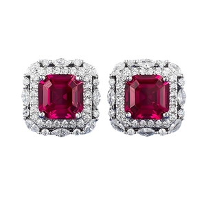 Luxurious S925 silver stud earrings with square red ruby and double halo diamonds