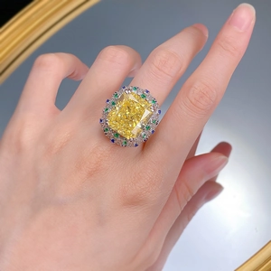 Luxurious 15-carat radiant cut yellow gemstone ring with multi-color halo pavé setting