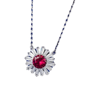S925 silver sunflower pendant necklace with a one-carat ruby red stone centerpiece