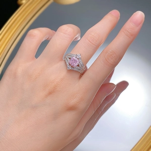 925 silver crown ring set with cushion cut pink gemstone and pavé diamonds for women