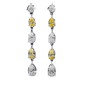 Orecchini lusso in argento 925 con 5 diamanti a goccia gialli e bianchi scintillanti
