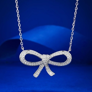 925 Sterling Silver Ribbon Bow Pendant Necklace For Women Elegant Pave Rhinestone Fashion Jewelry Simple Chain Choker Gift