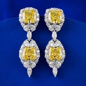 Luxury 925 Sterling Silver Square Yellow White Rhinestone Stud Earrings Western Style Geometric Inlaid Earrings For Women Jewelry