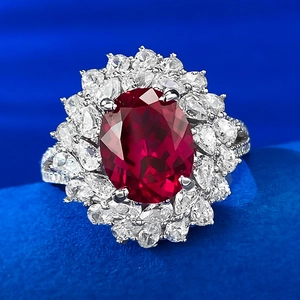 Elegant S925 silver oval red gemstone ring with halo diamond flower cluster setting