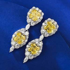 Luxurious 925 silver halo drop earrings with 7x7mm square yellow cushion cut stones