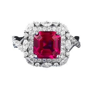 Luxurious S925 silver ring with rectangular ruby red stone and twisted halo band