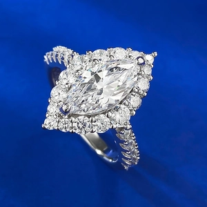 Luxury marquise cut white halo diamond ring with double cluster setting on silver band
