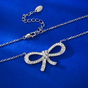 Elegant 925 sterling silver bow necklace with pavé micro-inlaid sparkling zircon stones