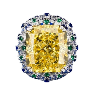 Luxury 15ct radiant cut yellow diamond ring with emerald and sapphire halo setting