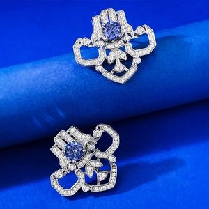 Retro S925 sterling silver geometric stud earrings with round blue gemstone and zircons
