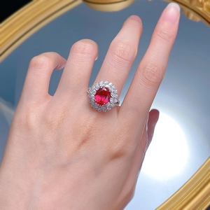 S925 silver ring with oval ruby gemstone and double halo cluster diamonds on hand